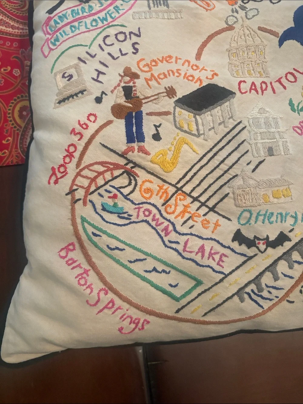 Embroidered Austin-Themed Decorative Throw Pillow - White